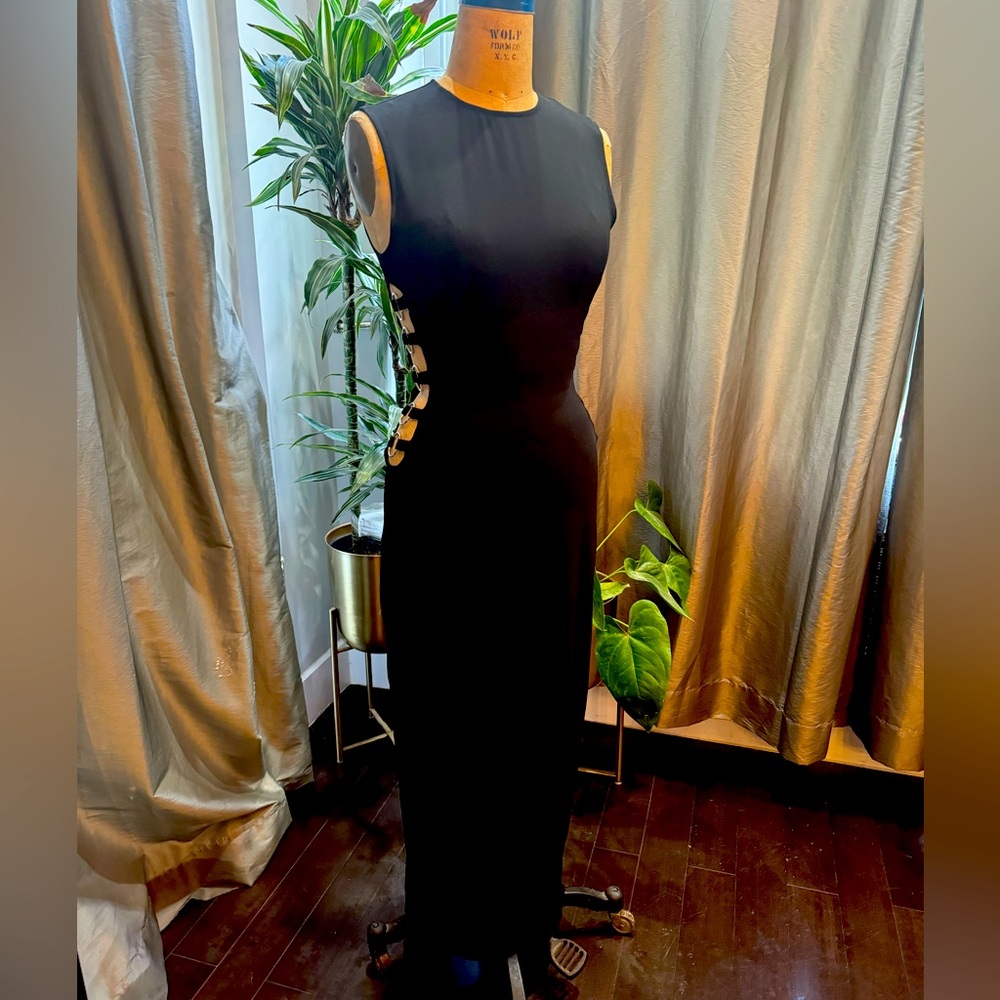 So goth! Black long dress with open strap detail at side waist. NWT xs